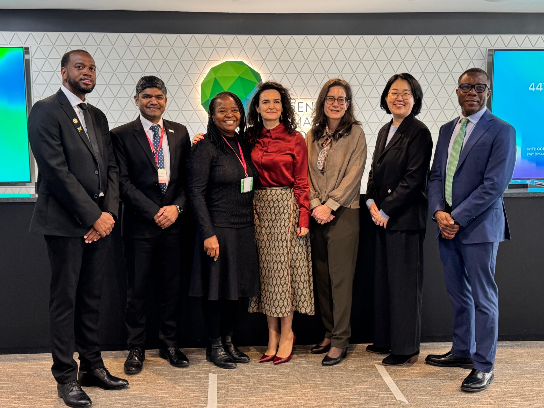 The winning team (from L to R): Dr. Donneil Cain CDB, Mr. Devindranauth Bissoon CDB, Mrs. Rochelle Newbold NDA, Ms. Mafalda Durate GCF, Ms. Kristin Lain GRULAC, Ms. Min Soo Kim GCF, Mr. William Ashby CDB